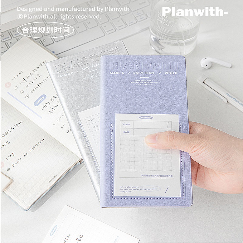 Planwith かわいい自己記入時間計画ノートブックウィークリープランナー管理スケジュールナローブック PU カバーポータブルデイリープラン
