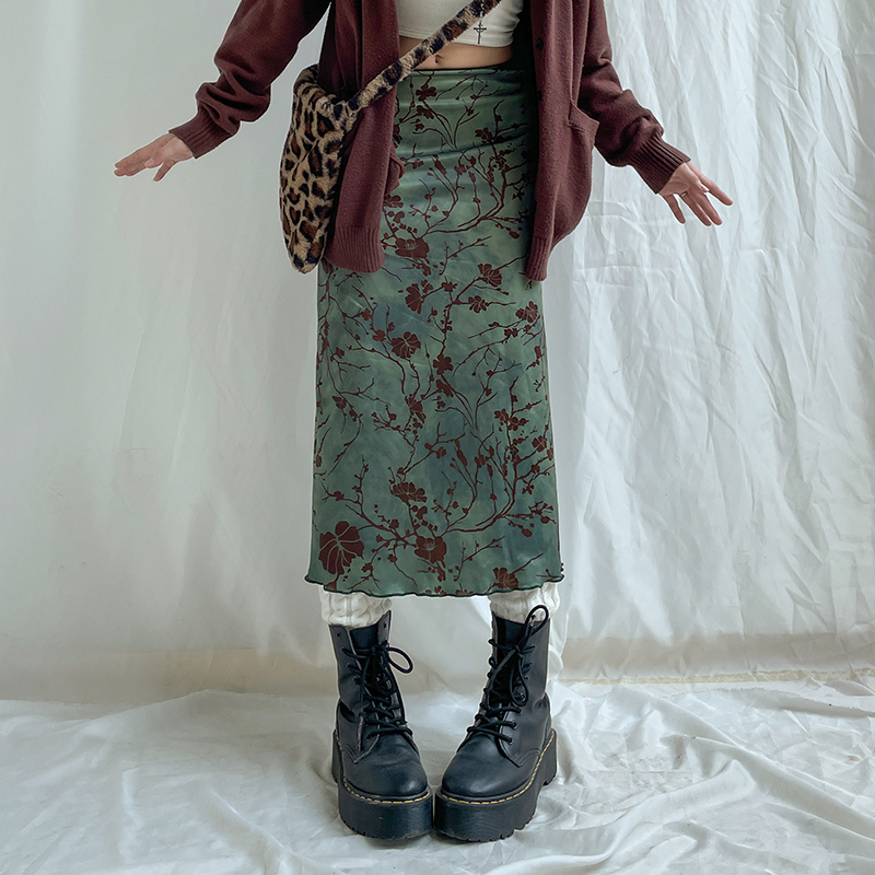 SUCHCUTE y2k Vintage Floral Printing Midi Skirts Women Harajuku Fairycore Green Straight Maxi Skirt Aesthetic Sweet Girl Clothes