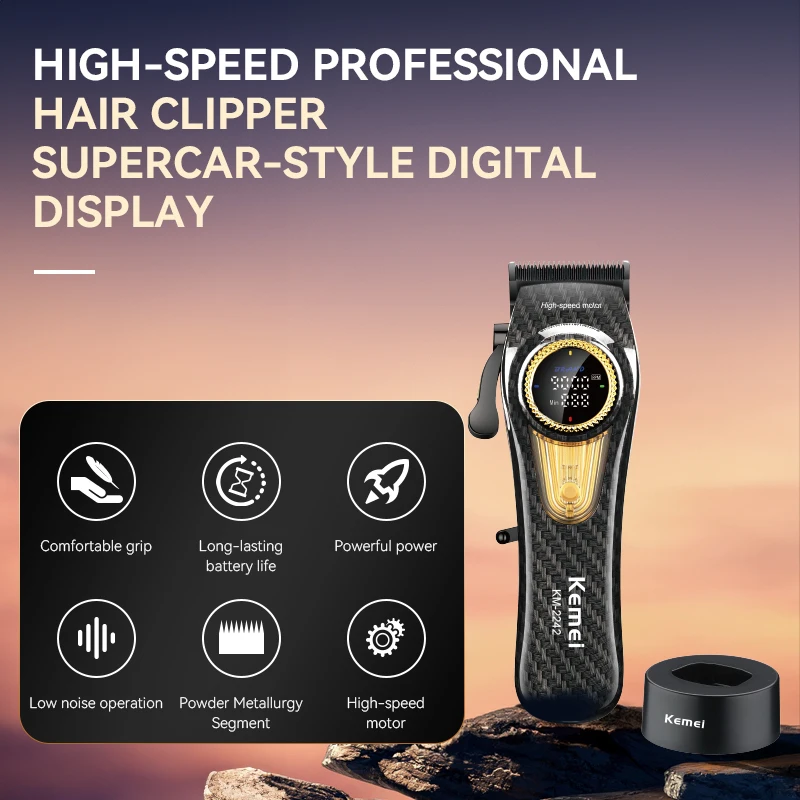 Kemei-Hair Clipper Trimmer com motor sem escova, alimentado por bateria, aparadores de cabelo, Clippers comerciais com base de carregamento, KM-2242