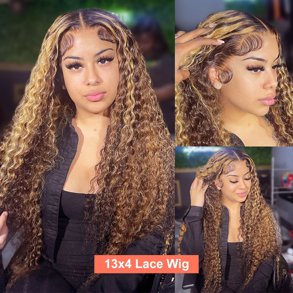 WiggKnitting-Perruque Lace Front Wig Naturelle Bouclée, Cheveux Blonds à Reflets, 13x6, HD, Ombré, Deep Wave