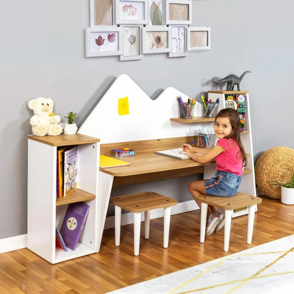 Kid's Study Desk with Bookshelf + 2 Stools, Children Activity Table with Hutch and Shelves, Kids Bedroom Study Desk with Storage