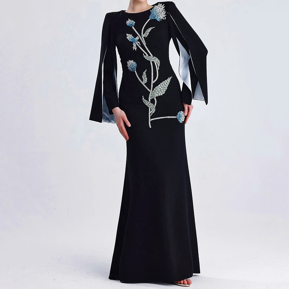 Personalizado a linha vestidos de noite até o chão o pescoço manga cheia vestido de baile moda cristal simples roubou drapeado vestido de festa