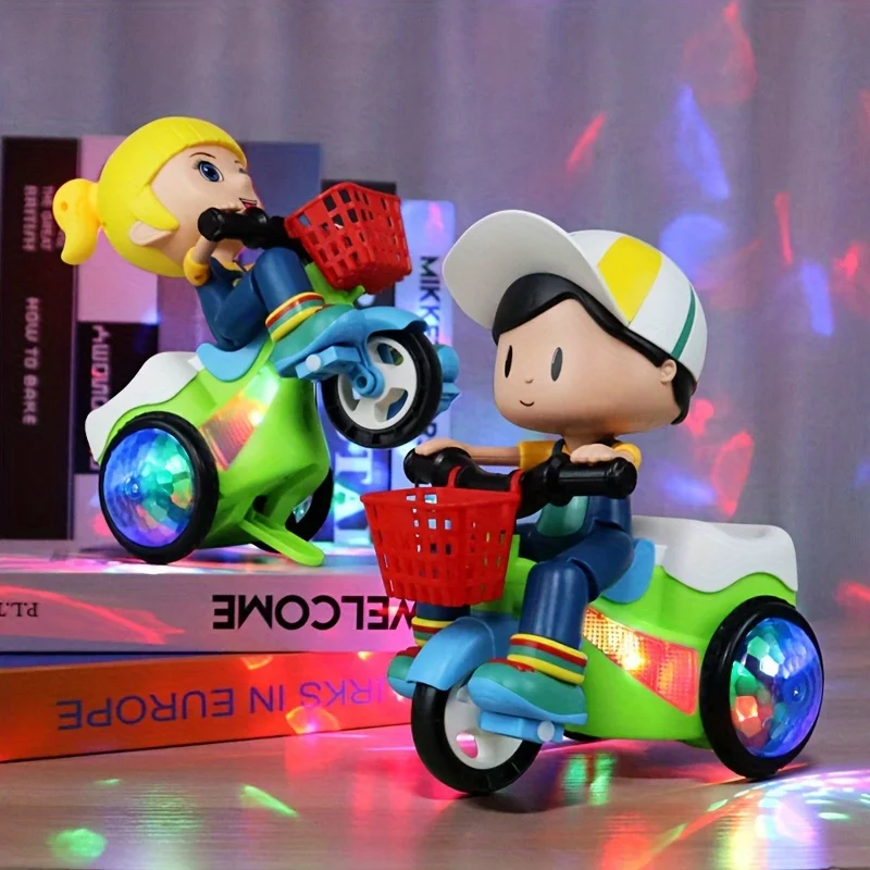 Motocicleta Luminous Stunt Tricycle Car para crianças, brinquedos do bebê, fácil de usar, presente de Natal para crianças, legal, rotação de 360 graus