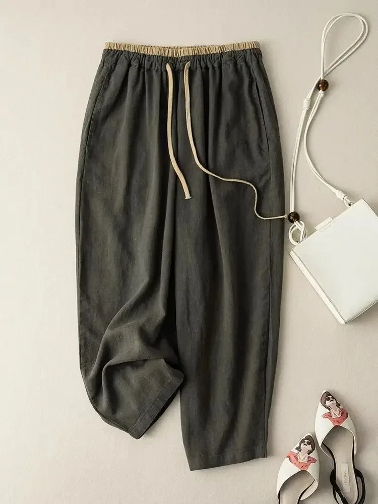 Pantalon de transport rétro, version coréenne, style minimaliste, pantalon décontracté à jambes larges en coton et lin, jambe droite ample suspendue pour femmes