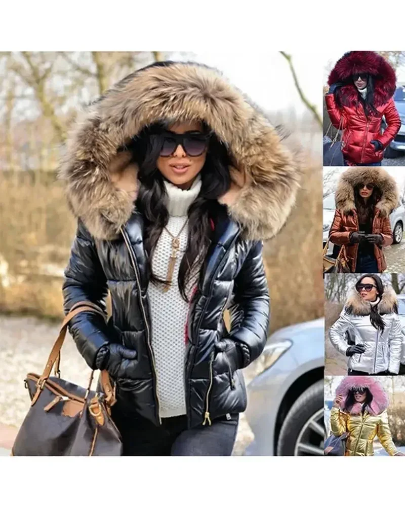 Nueva chaqueta con capucha de piel de Color sólido para otoño e invierno, Parka corta acolchada de algodón para mujer, chaqueta informal de moda