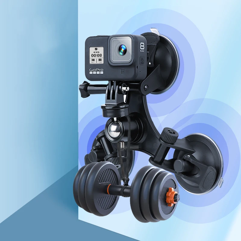 Triple Suction Cup Mount for DJI OSMO Action 5 4 3 GoPro 13 12 11 10 9 8 with 1/4" Standard Thread Adapter for Insta360 X5 X4 X3