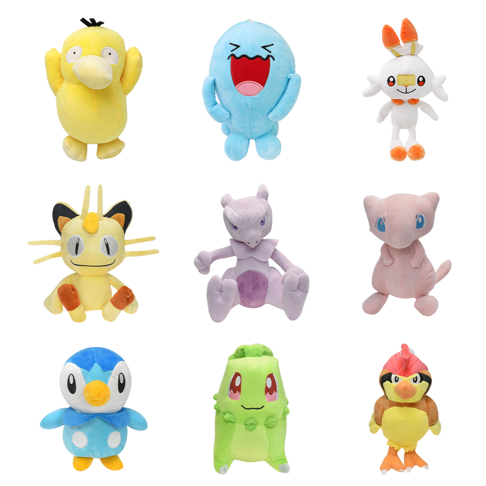 Psyduck wobbuffet scorbunny meowth mewtwo mew piplup chikorita pidgeotto brinquedos de pelúcia jogo para presente colecionável, peluches macios