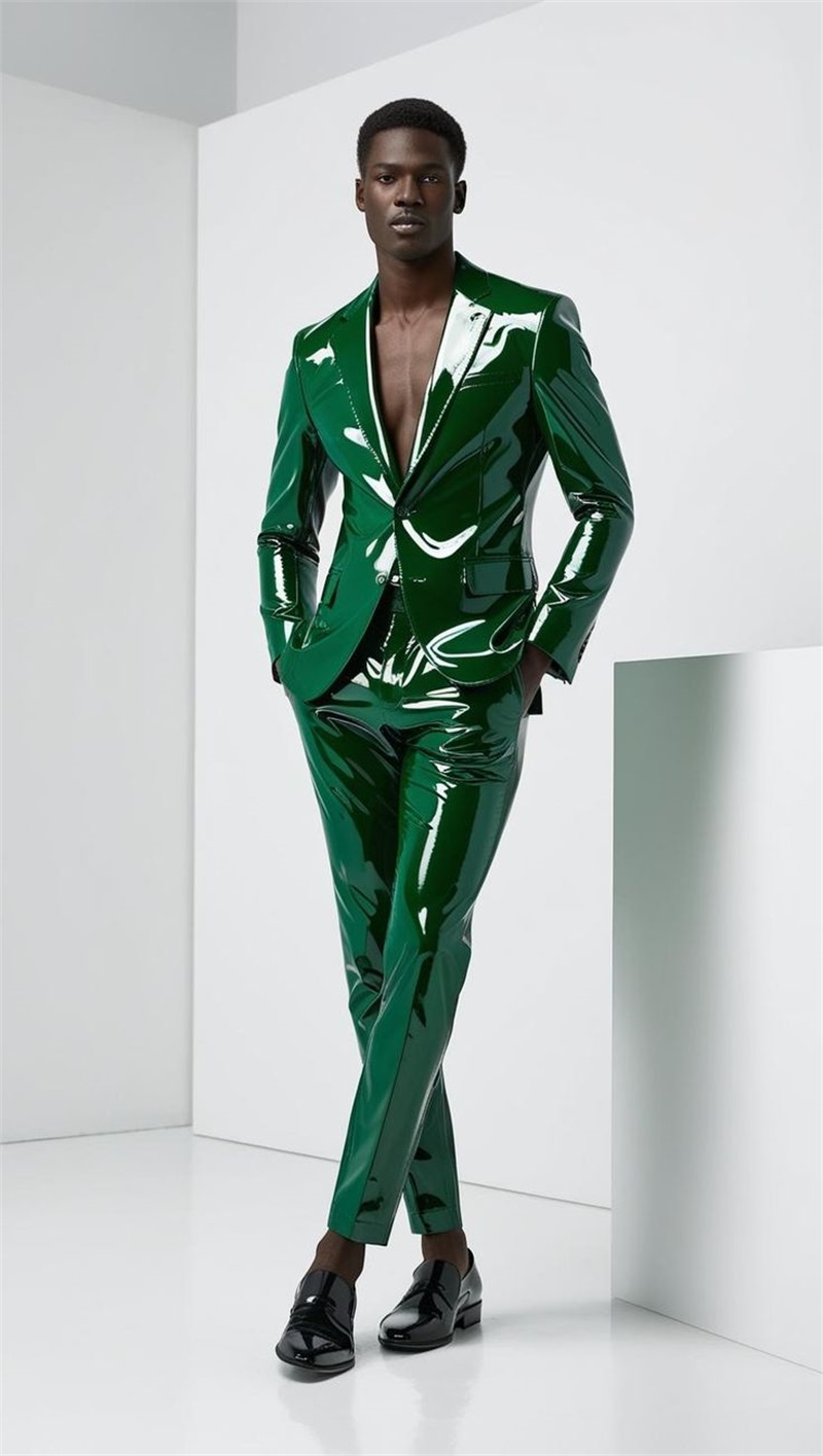 Green PU Leather Men Suit Set 2 Piece Blazer+Pants Trousers Wedding Tuxedos Male Prom Coat Customized Formal Office Jacket