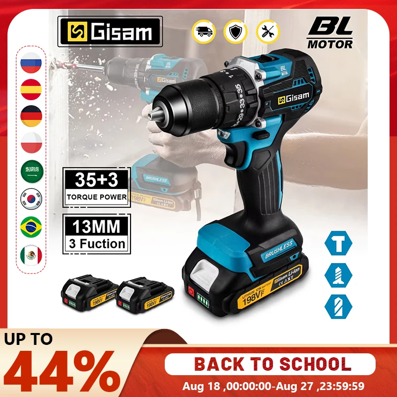 Gisam 65N.m 13MM 35+3 Torque Brushless Electric Impact Drill Cordless Electric Screwdriver Power Tool For Makita 18V Battery Pin