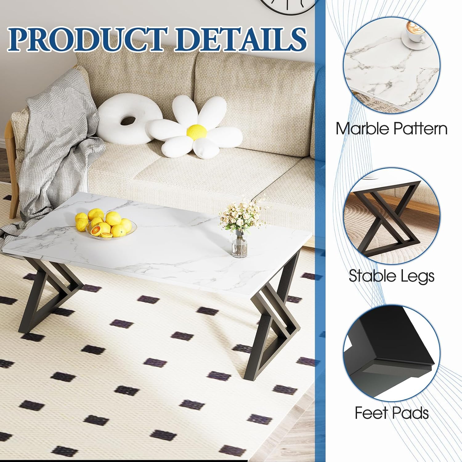 Living Room Table, Center Tea Table, Rectangular Tea Table, End Side Table with Black Metal Frame for Living Room Bedroom Office