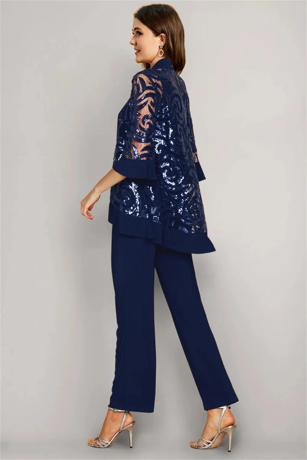 Plus Size Mother of The Bride Mesh 3/4 Sleeve Formal Three Pieces Set Pant Suits