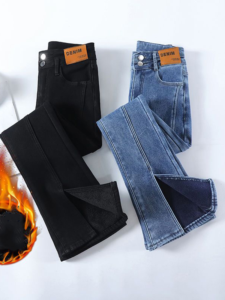 Thicken ปุ่มกางเกงยีนส์ Skinny กางเกง Winter Plus กํามะหยี่เรียงรายแยก Flare กางเกงยีนส์เอวสูง Warm Vaqueros เกาหลี Casual Pantalones