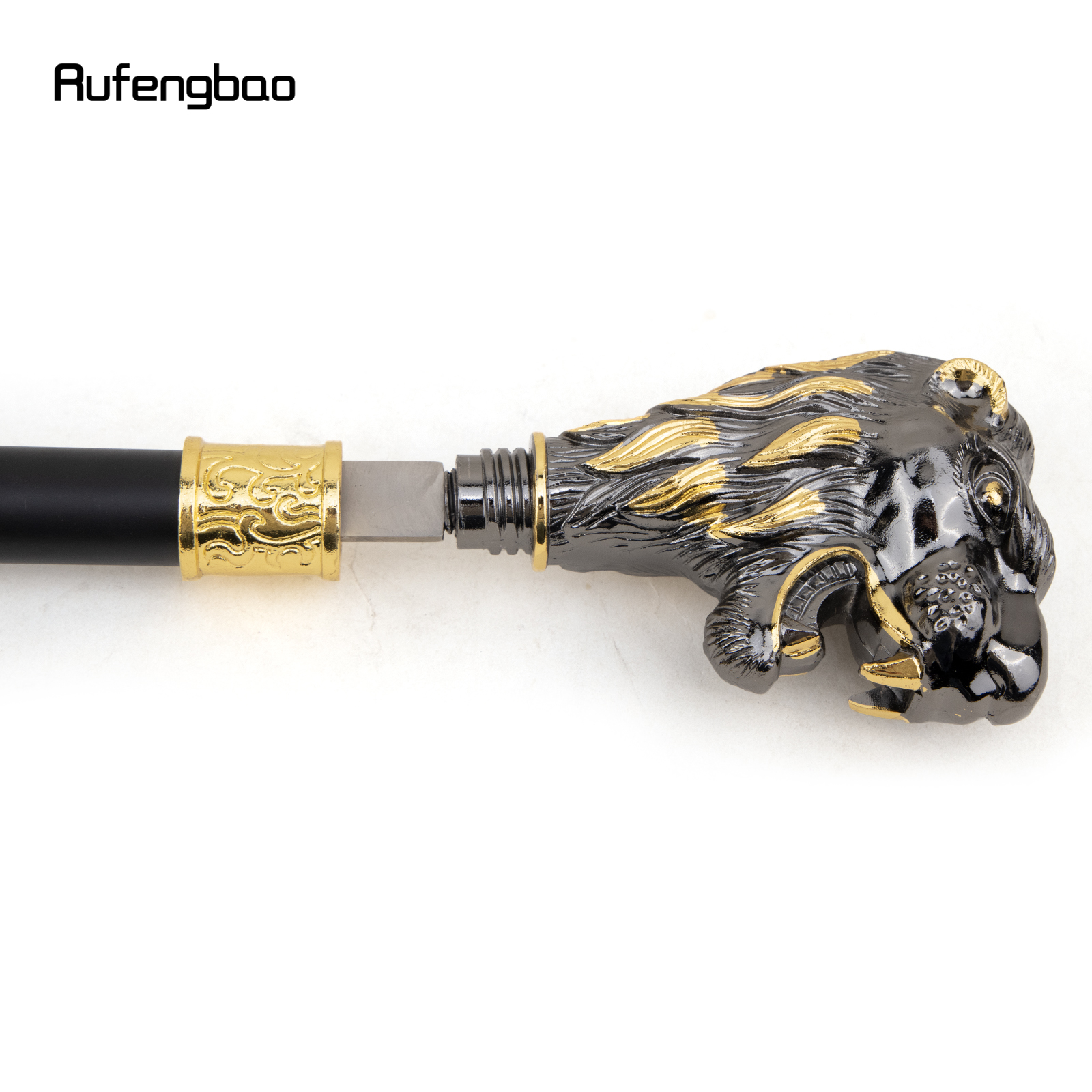 Goldener schwarzer Löwenkopf mit Schnurrbart-Gehstock mit versteckter Platte Selbstverteidigung Mode Rohr platte Cosplay Crosier Stick 93cm