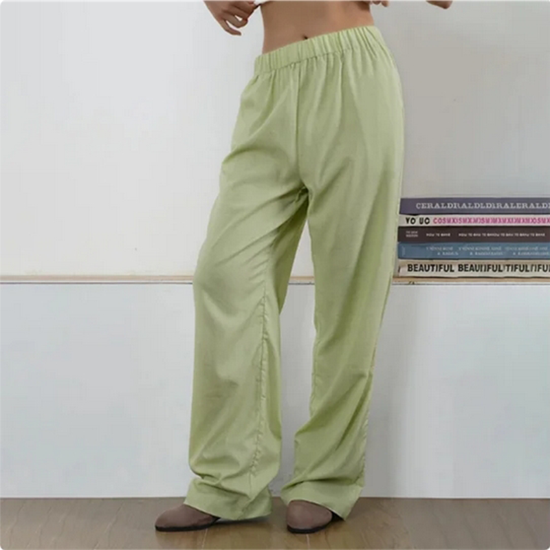 Calça feminina listrada rosa com cintura elástica e bolso, perna reta, solta, casual, confortável, verão, y2k