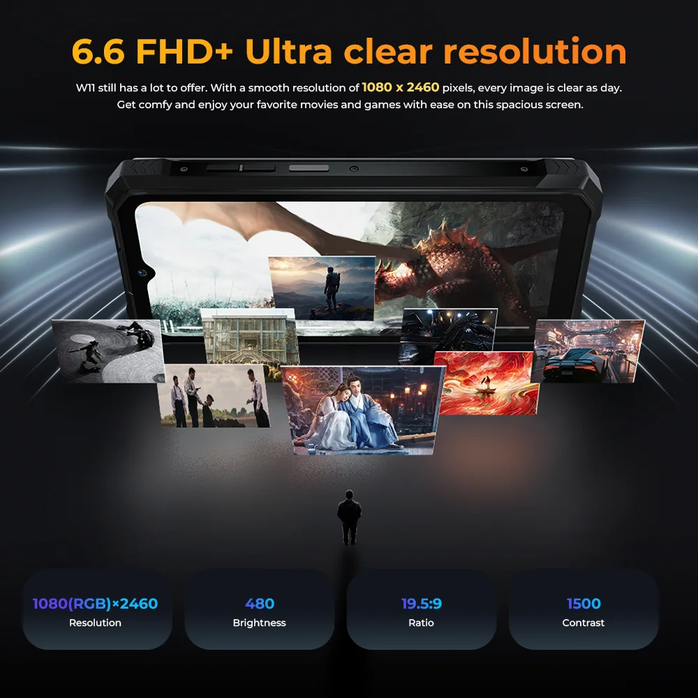 HOTWAV W11 러기드 휴대폰, 20800mAh, 280LM 손전등, 6.6 인치 FHD + 스마트폰, 33W, 24MP 야간 투시경, 월드 프리미어