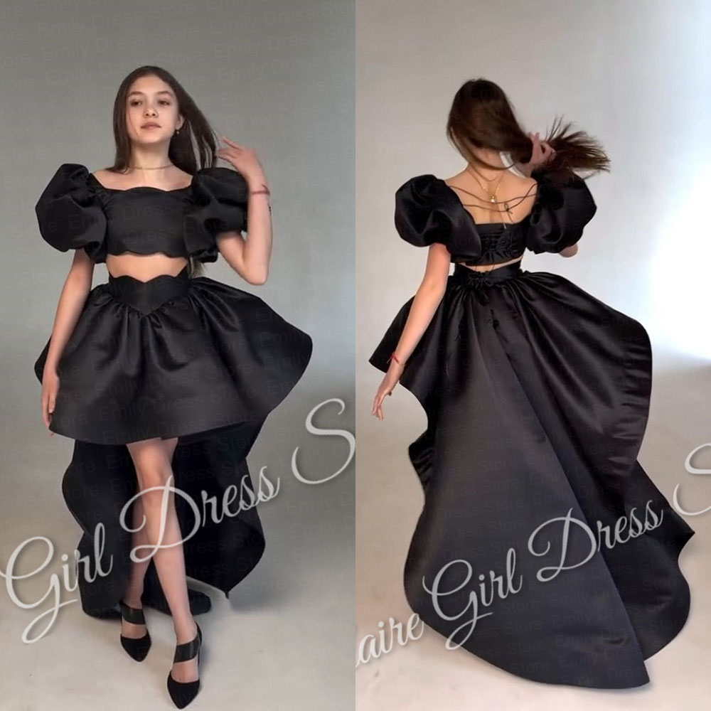 Vestido floral preto personalizado para casamento, conjunto de 2 peças de cetim com cauda inchado, princesa, aniversário infantil, primeira comunhão, vestido de baile