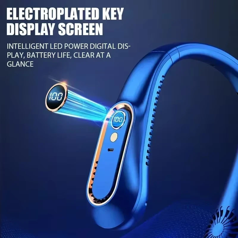 首掛け式リーフレスポータブルUSB充電式エアクーラー、5段階風量調節とLEDディスプレイ付き