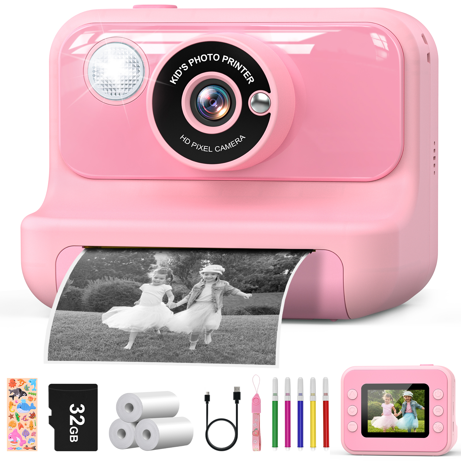 Gofunly-cámara de impresión instantánea para niños, Mini cámara Digital de 2,4 pulgadas, cámara de impresión térmica HD de 1080P, juguete para regalo para niños