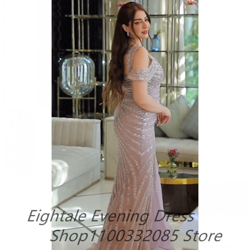 Blush Pink Mermaid Shinning Off Shoulder Evening Dress Wedding Long Luxury Sequin Formal Prom Dress Dubai Party Gown Customized
