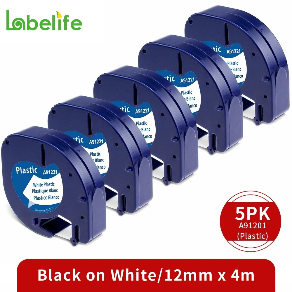 5 Pak Plastic Wit Voor Dymo Letratag Label Maker Tape Vult 91201 91331 91221 59422 Label Tape 12Mm Voor LT-100H LT-100T Plus