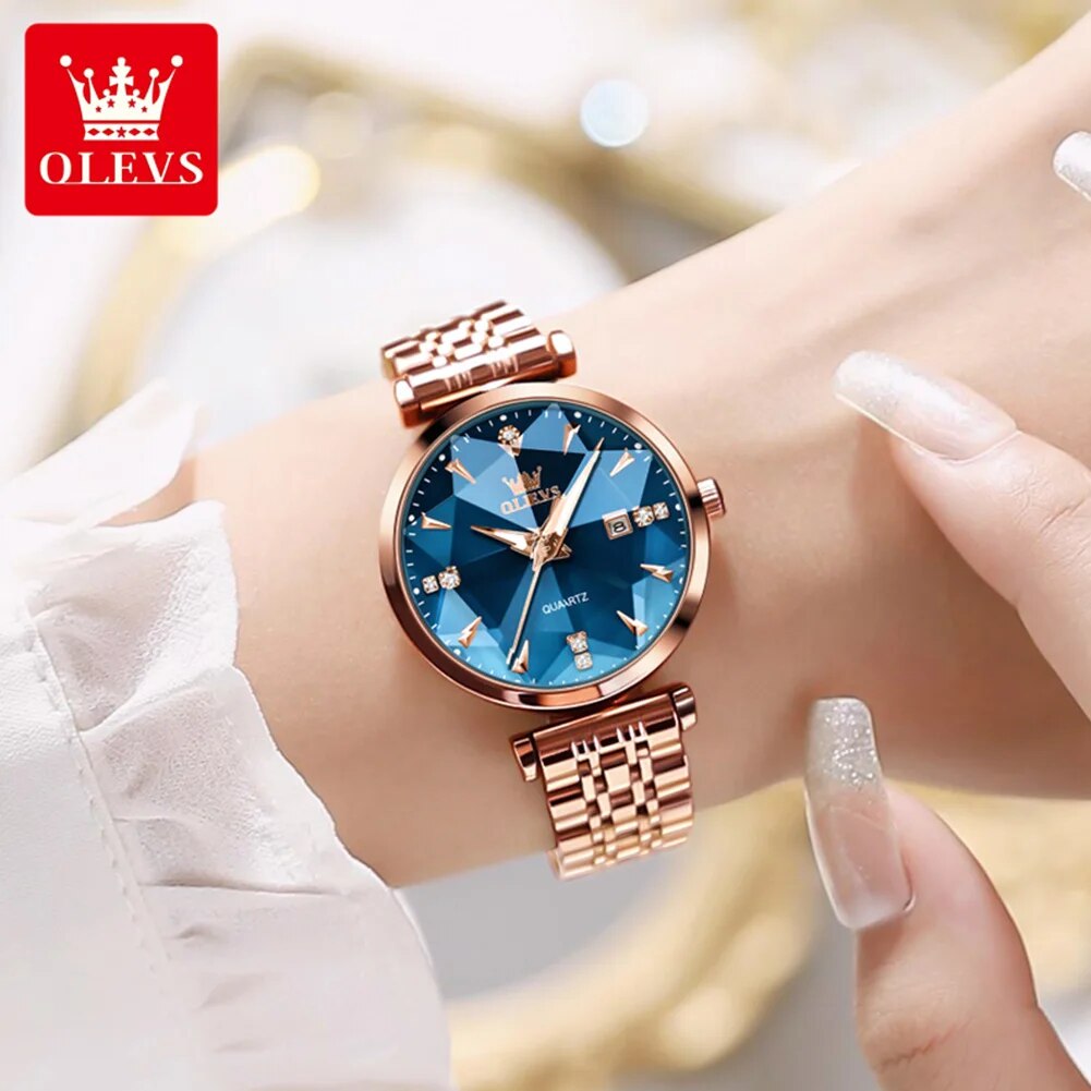 OLEVS 5536 reloj de cuarzo para mujer, moda de lujo, espejo rombo, oro rosa, acero inoxidable, resistente al agua, luminoso, reloj de pulsera para mujer