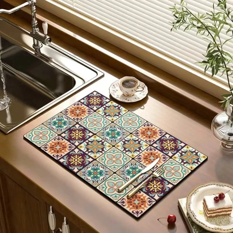 VIKAMA สีดํา Marbling Super Absorbent Tableware จานแห้งห้องครัวขวดพรมกันลื่นหรูหรากาต้มน้ําอาหารเย็น Bar Counte