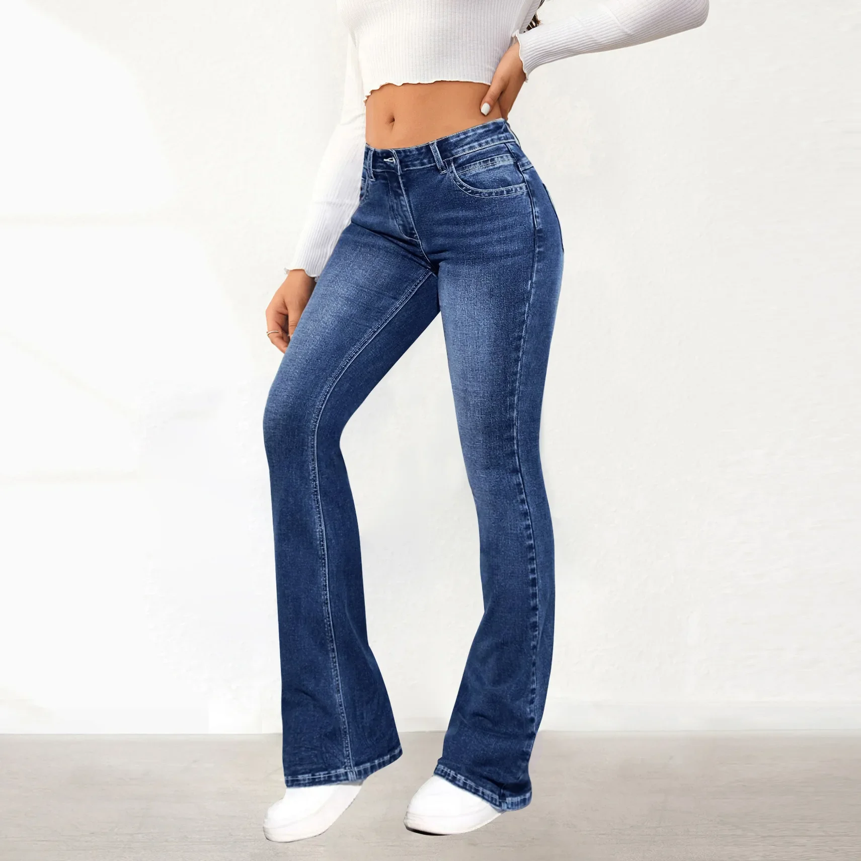 กางเกงยีนส์ผู้หญิง SLIM FIT Flare กางเกง DENIM ซักผ้ากระเป๋าเอวสูงข้อเท้าความยาว Boot CUT Streetwear Casual Zipper Fly