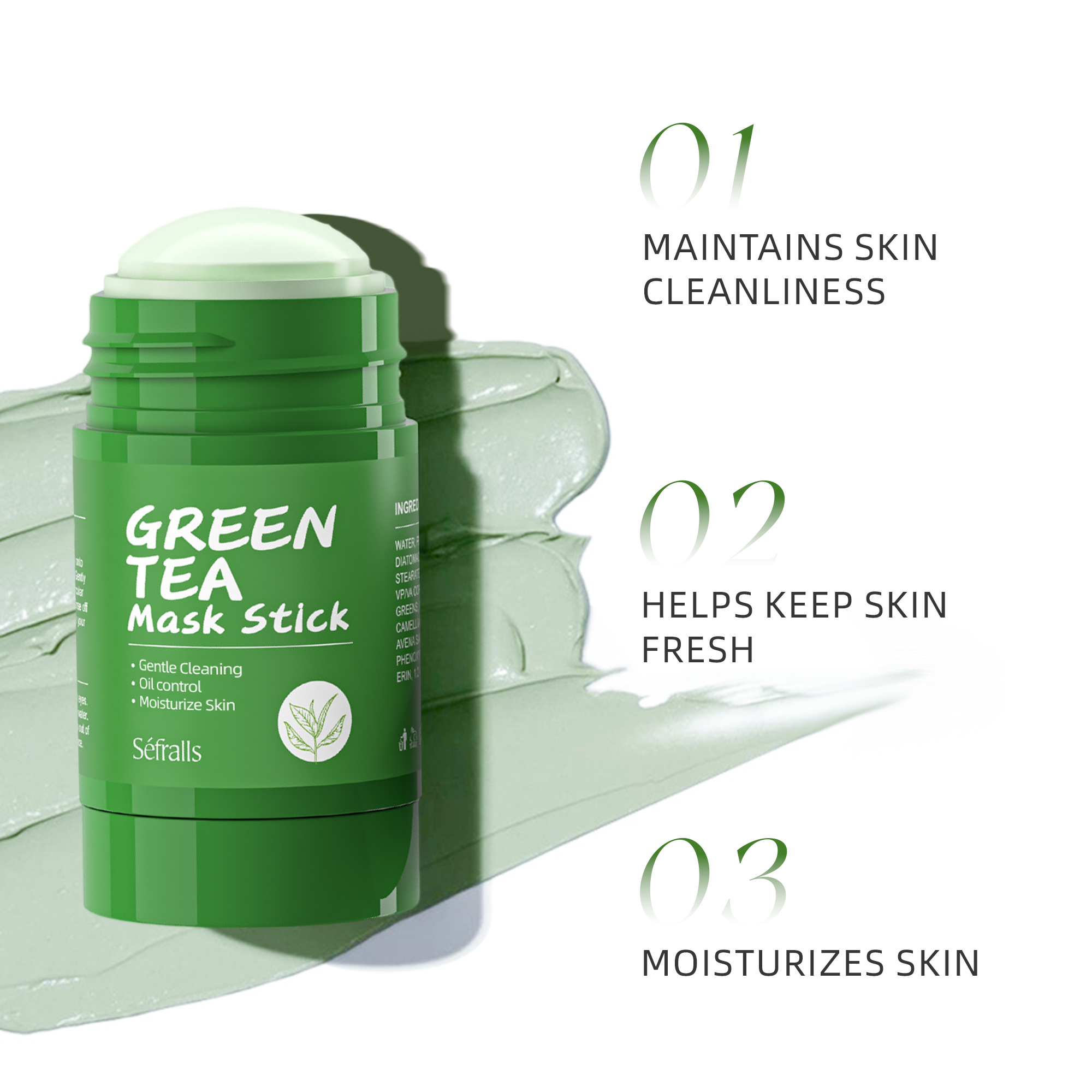 Séfralls – barre nettoyante au thé vert, 40g, rétrécit les Pores des points noirs, élimine les imperfections du visage collants, masque hydratant