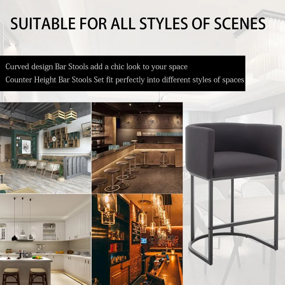 25" Counter Height Bar Stools Set of 4, Modern Bar Stool with Back, Black Metal Frames,Upholstered Bar Stools for Kitchen Island