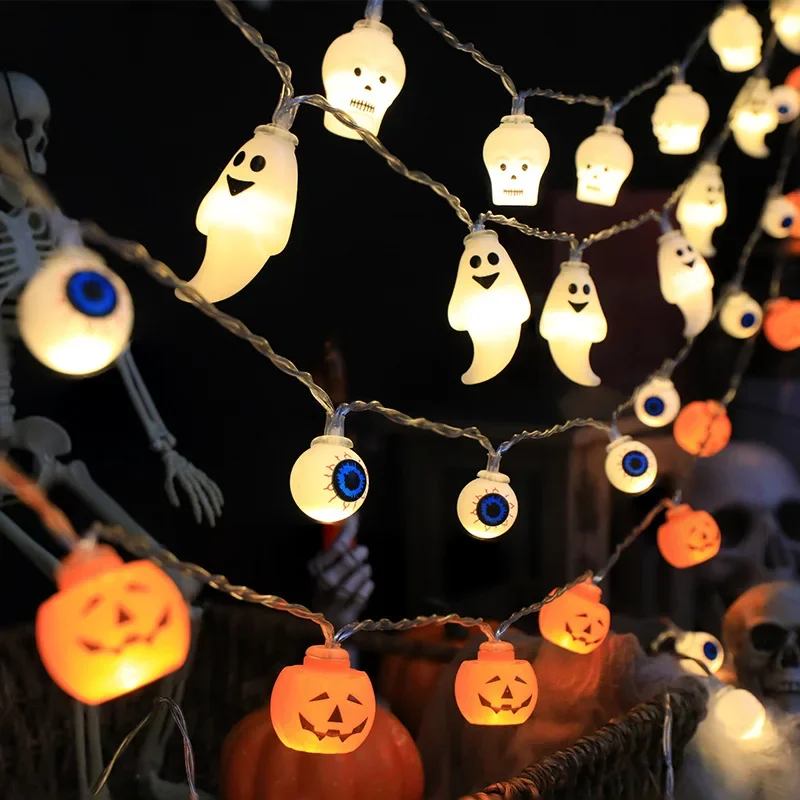 Decoración de Halloween, cadena de luces Led, cabeza de calavera de calabaza, lámpara en forma de globo ocular, cadena para truco o trato, linterna, día de Halloween de terror