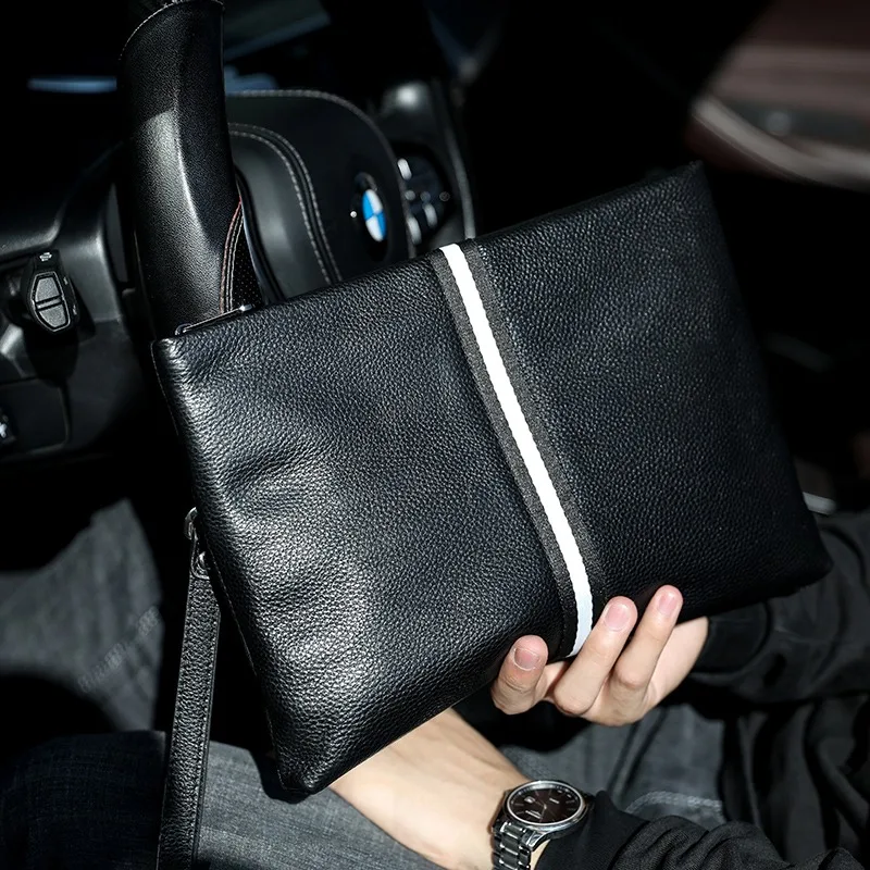SENOFAN-Bolso de mano auténtico para hombre, Cartera de cuero de vaca a rayas, de diseñador, edición coreana