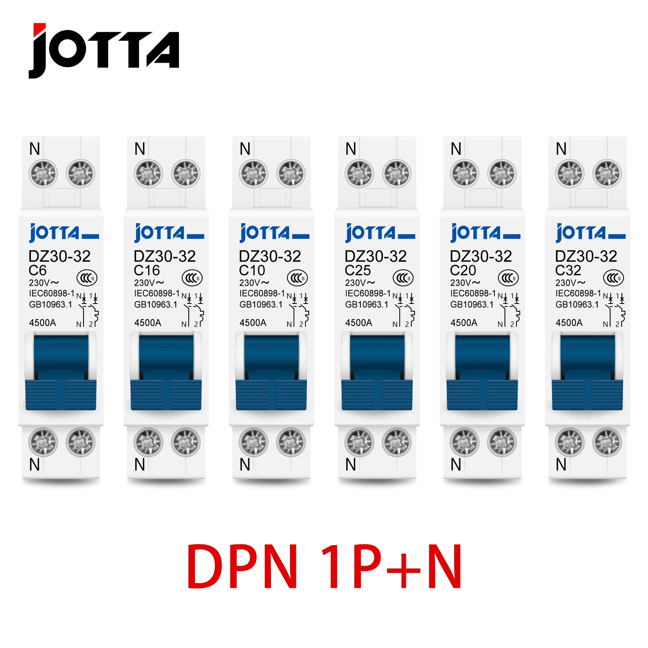 JOTTA DPN 1P + N Mini disyuntor MCB 6A10A 16A 20A 25A 32A montaje en carril Din interruptor de aire doméstico en miniatura