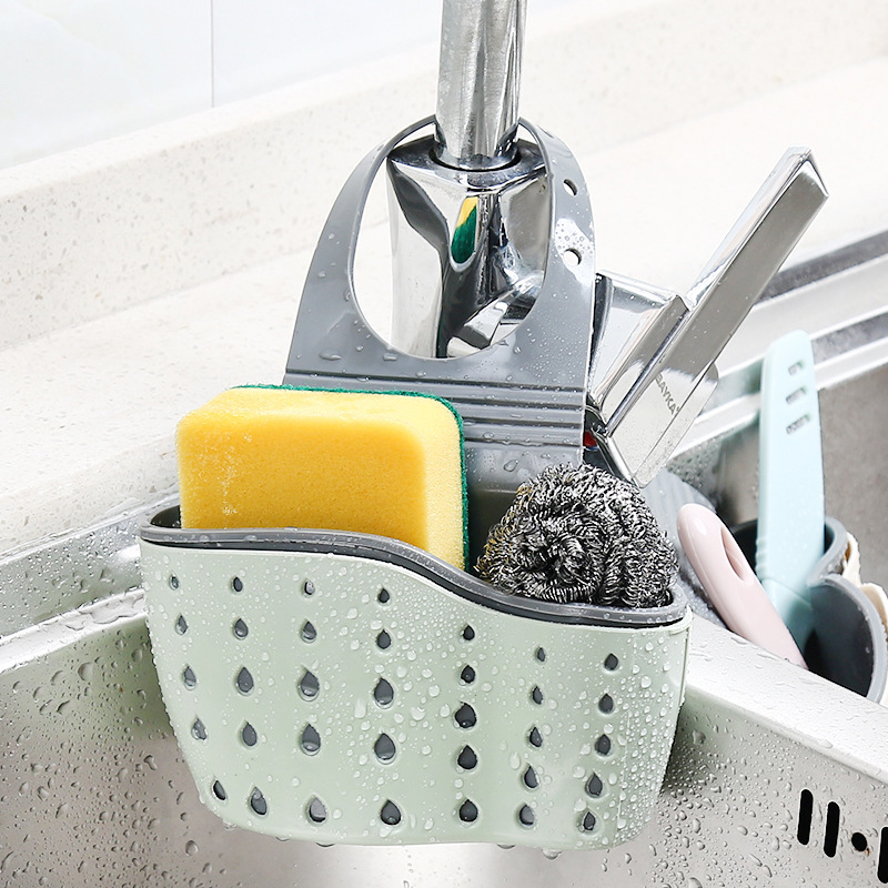 1 PC Double SINK Draining แขวนกระเป๋าปรับกดก๊อกน้ําชั้นวางฟองน้ําคู่ตะกร้าเก็บอุปกรณ์ครัว