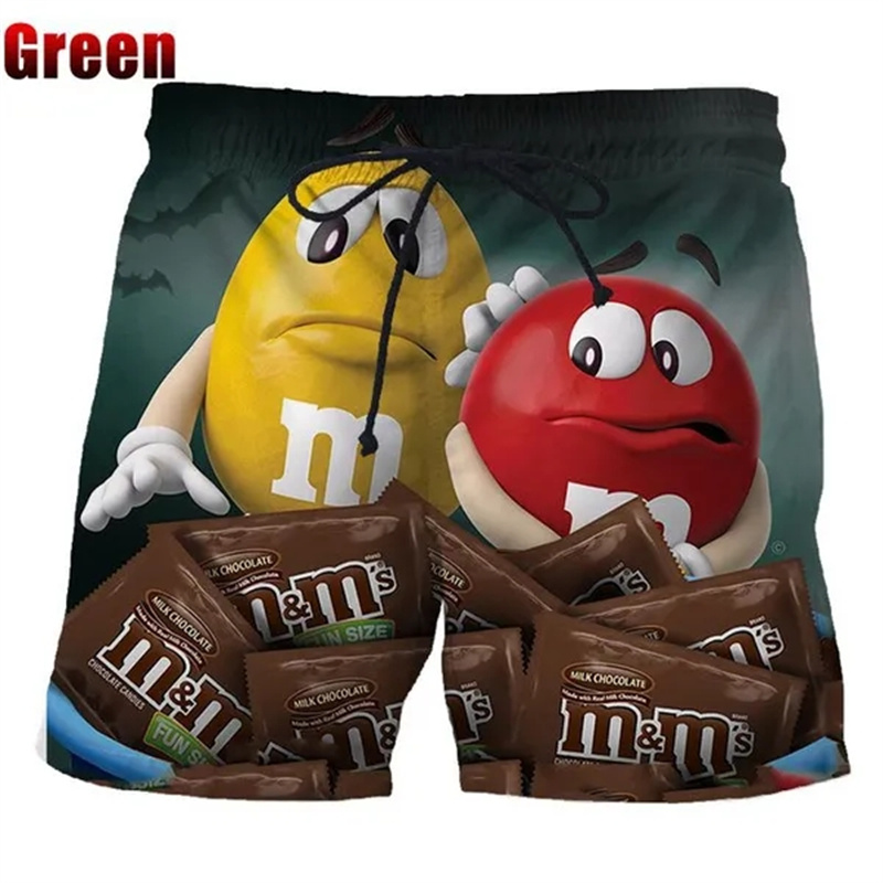 Lustige M&M's Chocolate Bean Strandshorts für Herren, 3D-gedruckt, M&M Boardshorts, Badeanzug, Bermuda, Badehose, coole Kinder-Eis-Shorts, Hose