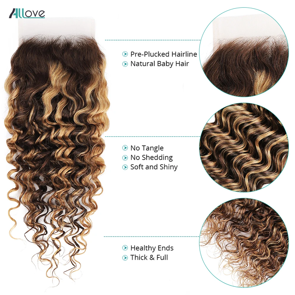 Allove-Deep Wave Pacotes de cabelo humano com fecho, mel cabelo remy marrom, laço transparente, destaque, Ombre, 4x4