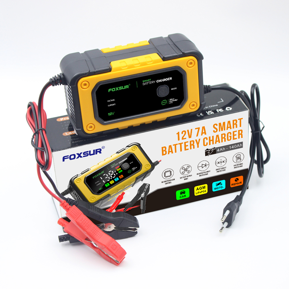 新しい FOXSUR ユニバーサル修理車のバッテリー充電器 12V 7A インテリジェント修理オートバイ充電器鉛酸 LiFePO4 バッテリー