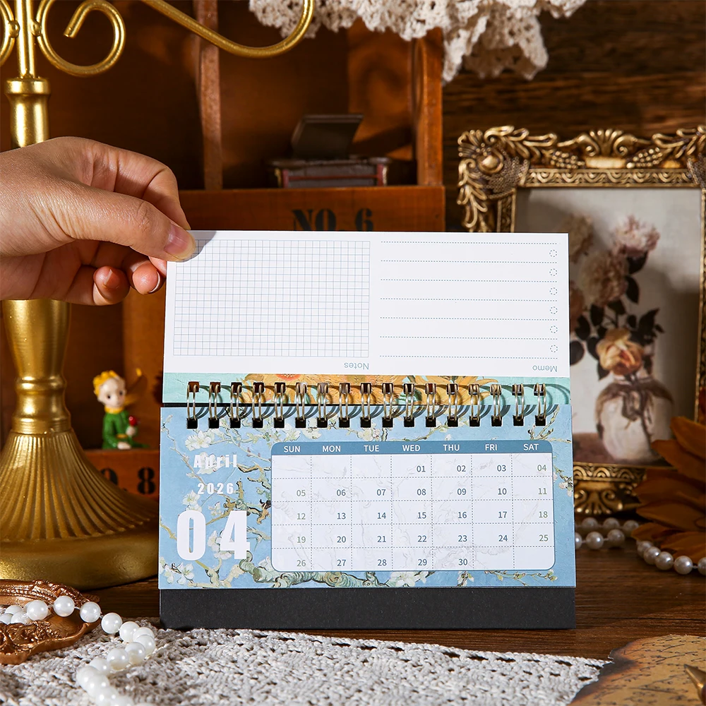 1Pc 2026 Desk Calendar Vintage Painting Calendar With Memo Notes Monthly Calendar For Home Office School Planning Organizing