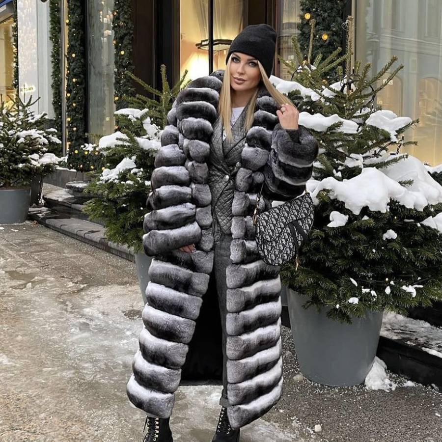 Winter Women's Natural Fur Coat Long Real Rex Rabbit Fur Coat Chinchilla Color Rabbit Fur Jacket