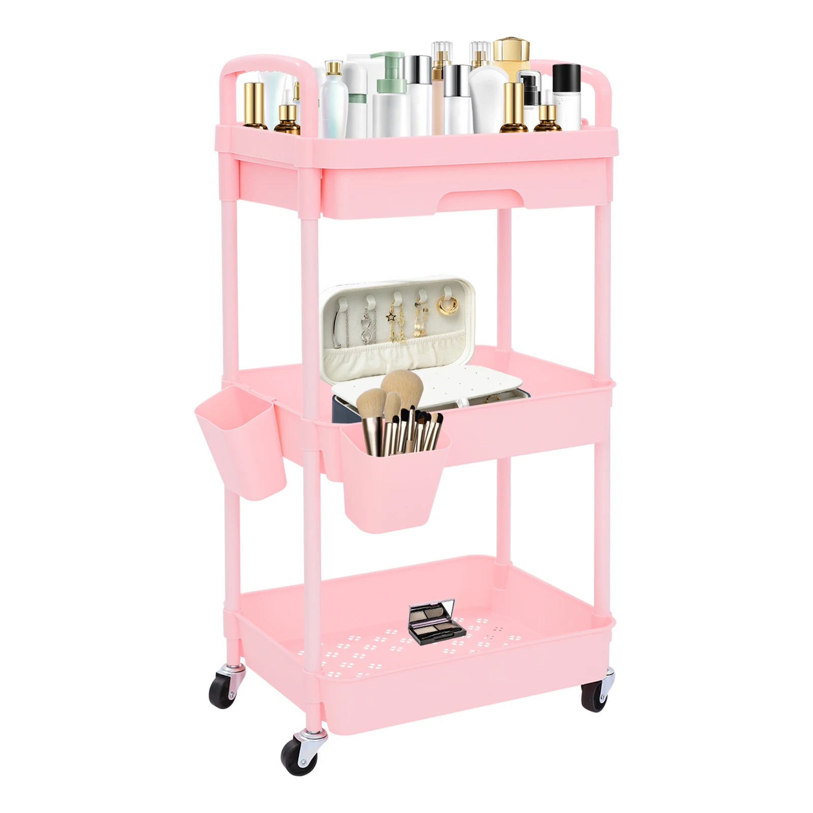 Carrello portaoggetti a 3 livelli con cassetto e rotelle girevoli per cucina, bagno, salone, lavanderia, carrello per snack, organizer mobile rosa