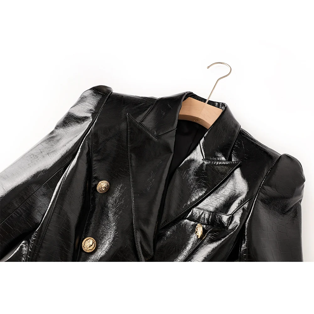 2024 neueste Design soomth pu Leder schwarz Qualität Blazer Zweireiher Knöpfe Frauen Mode Jacken