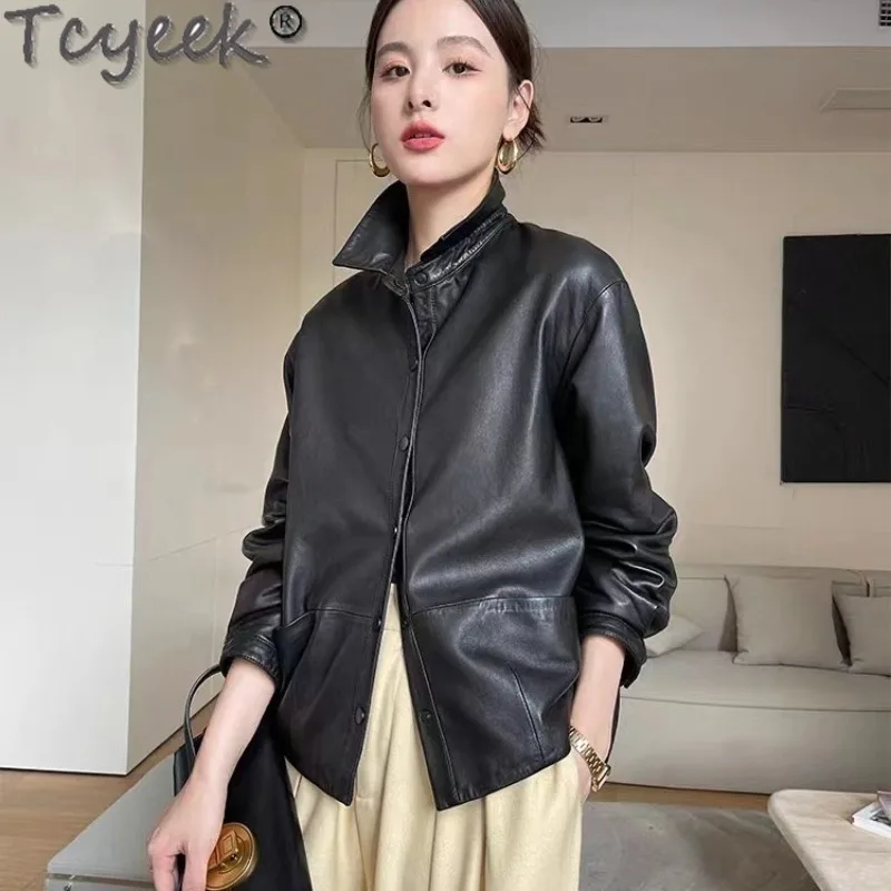 Tcyeek Echt lederjacke Frauen Herbst Echt Schaffell Mäntel Schwarz Ledermantel Damen bekleidung Loose Fit Jaqueta de Couro