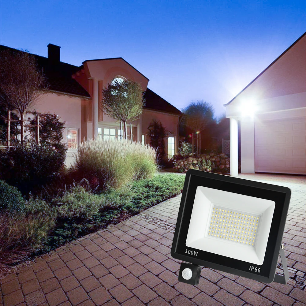 Proiettore a LED Sensore di movimento PIR Bianco/Bianco caldo IP66 AC220V Proiettore esterno Faretto SMD2835 Lampada da terra per illuminazione esterna