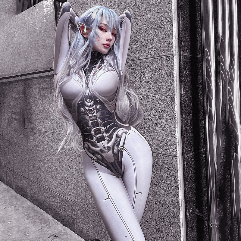Goth Dark 3Dพิมพ์คอสเพลย์Bodycon Jumpsuits Y2k TechwearแขนยาวGothic Punk Playsuitsอะนิเมะผู้หญิงคอZip Bodysuit
