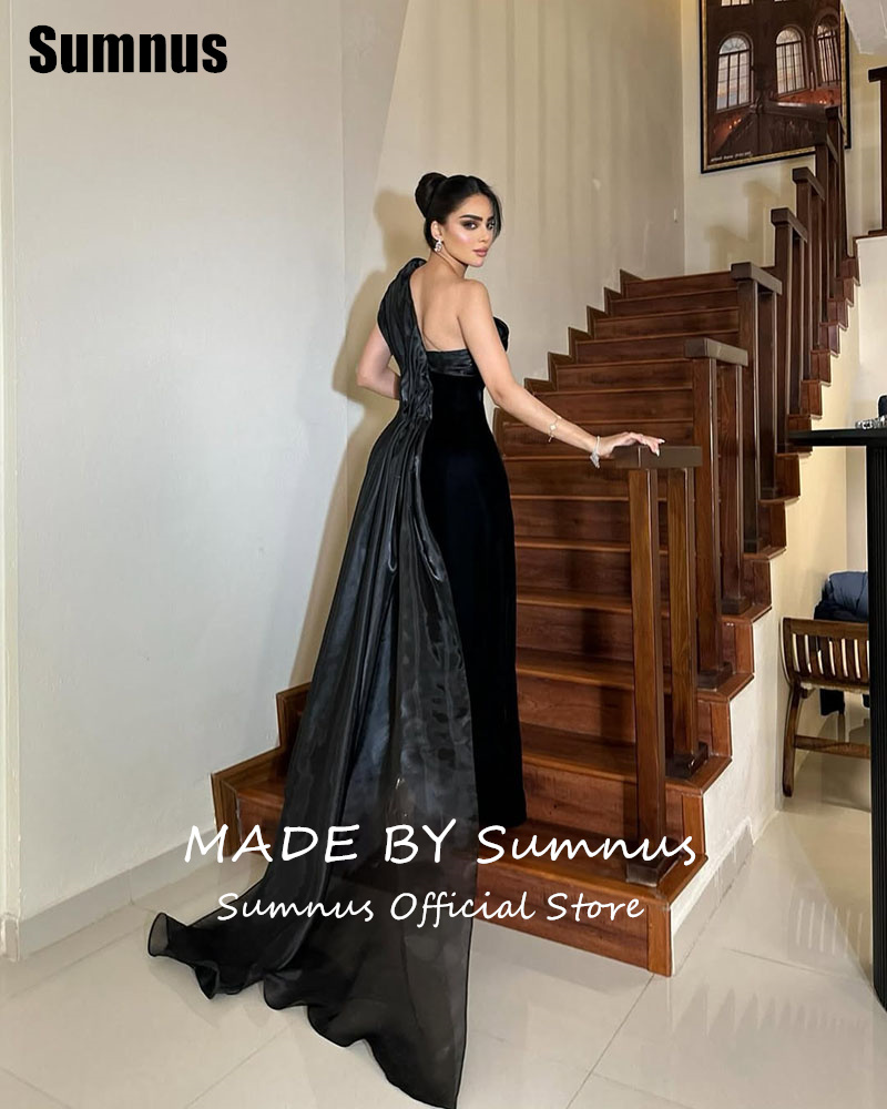 Sumnus Mermaid สีดํา Velour ชุดราตรี Elegant หนึ่งไหล่ชุดราตรียาวแขนกุด Gowns อย่างเป็นทางการที่กําหนดเอง
