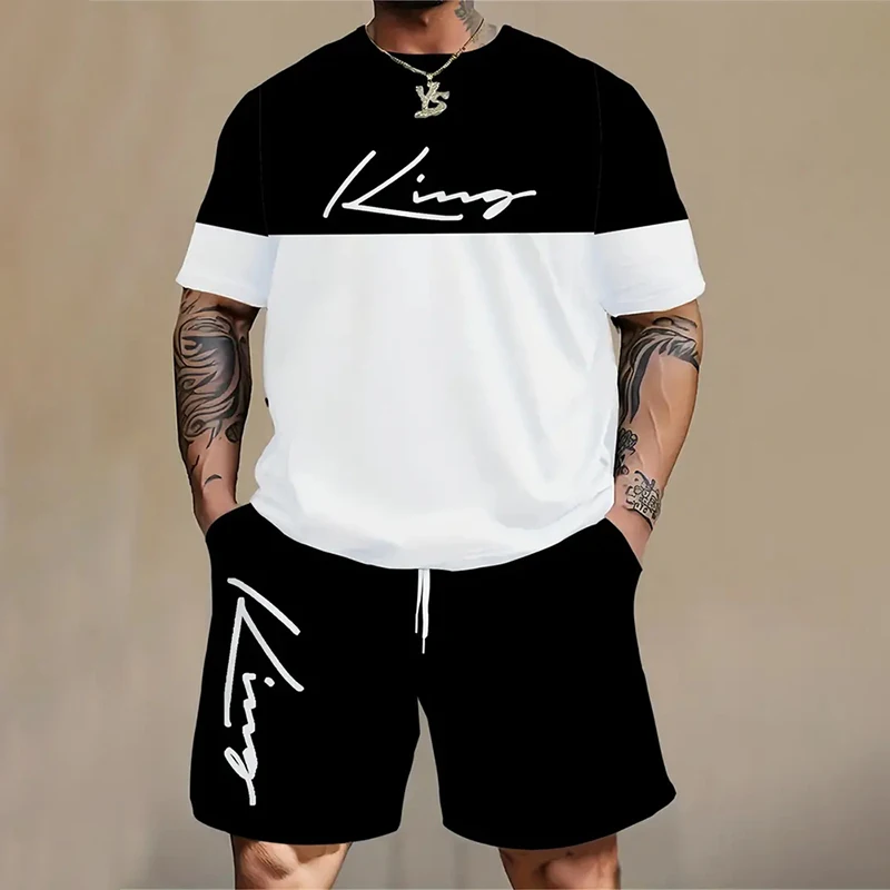 ชุดกีฬาแฟชั่นสำหรับผู้ชาย, ชุดลำลองสองชิ้นเสื้อยืดแขนสั้นและกางเกงขาสั้นแห้งเร็วสำหรับฤดูร้อน2024