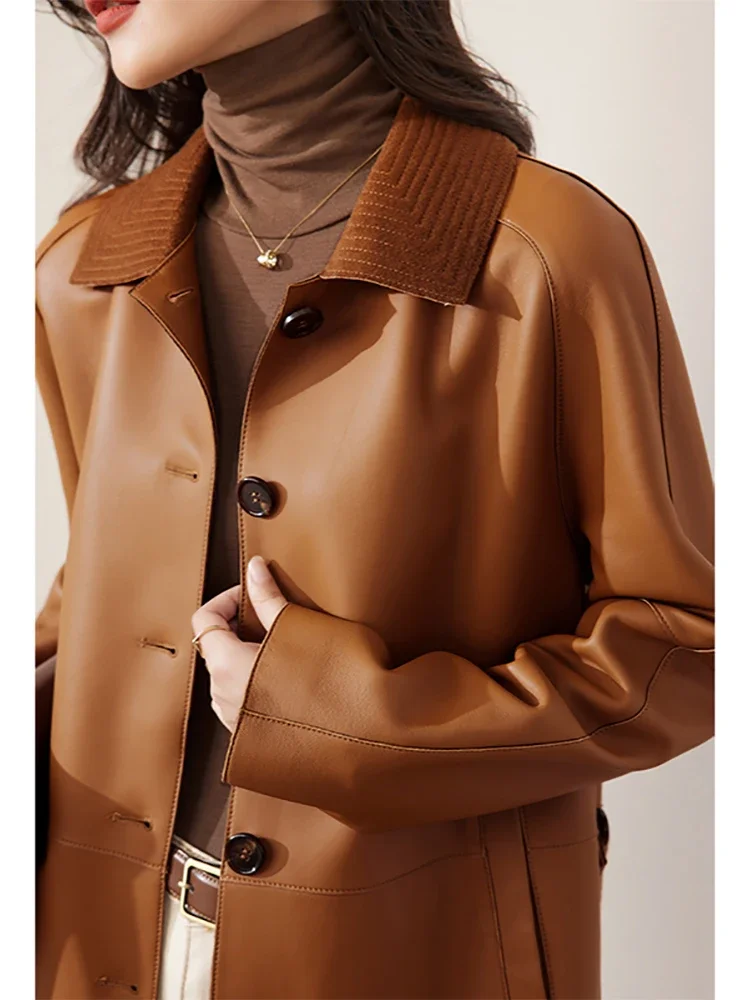 แจ็คเก็ตหนังแท้สำหรับผู้หญิงเสื้อคลุมหนังแกะแท้2024ฤดูใบไม้ผลิฤดูใบไม้ร่วงเสื้อเทรนช์โค้ทแจ็คเก็ตหนังหรูหราสำหรับผู้หญิง jaquetas sgg