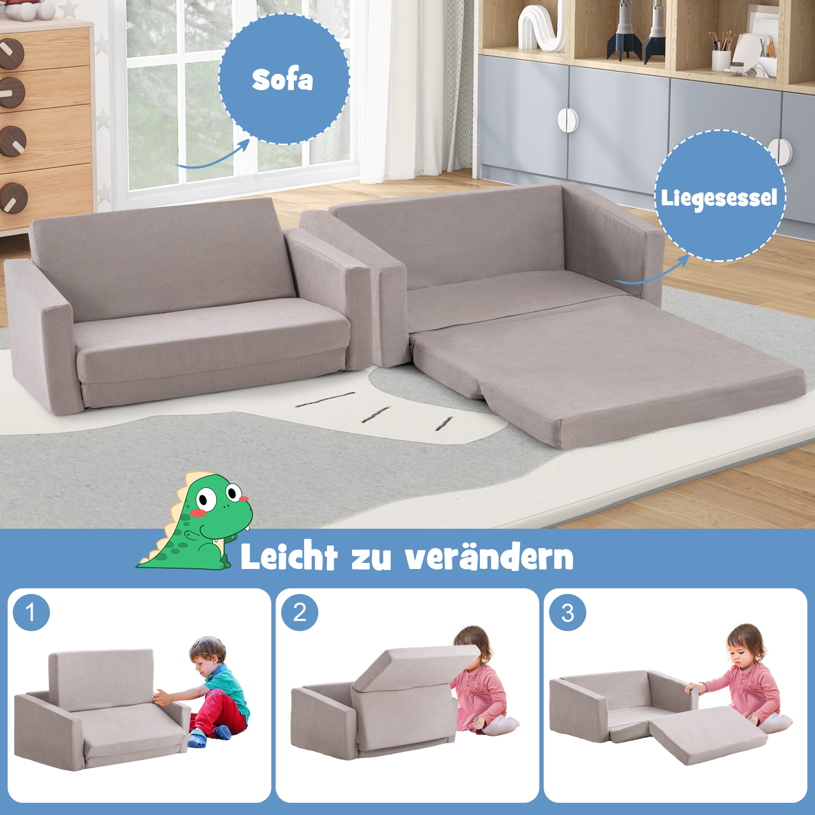 2 in 1 Kindersofa klappbar, Kindersessel gepolstert zum Ausklappen mit Samtstoff, Kindercouch Klappsofa umwandelbar