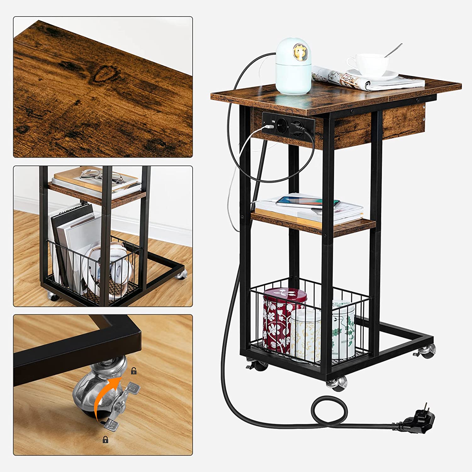 HOOBRO Table d'appoint avec station de charge Table de canapé rabattable en forme de C Table basse avec roulettes et étagère Ports USB et prises chambre