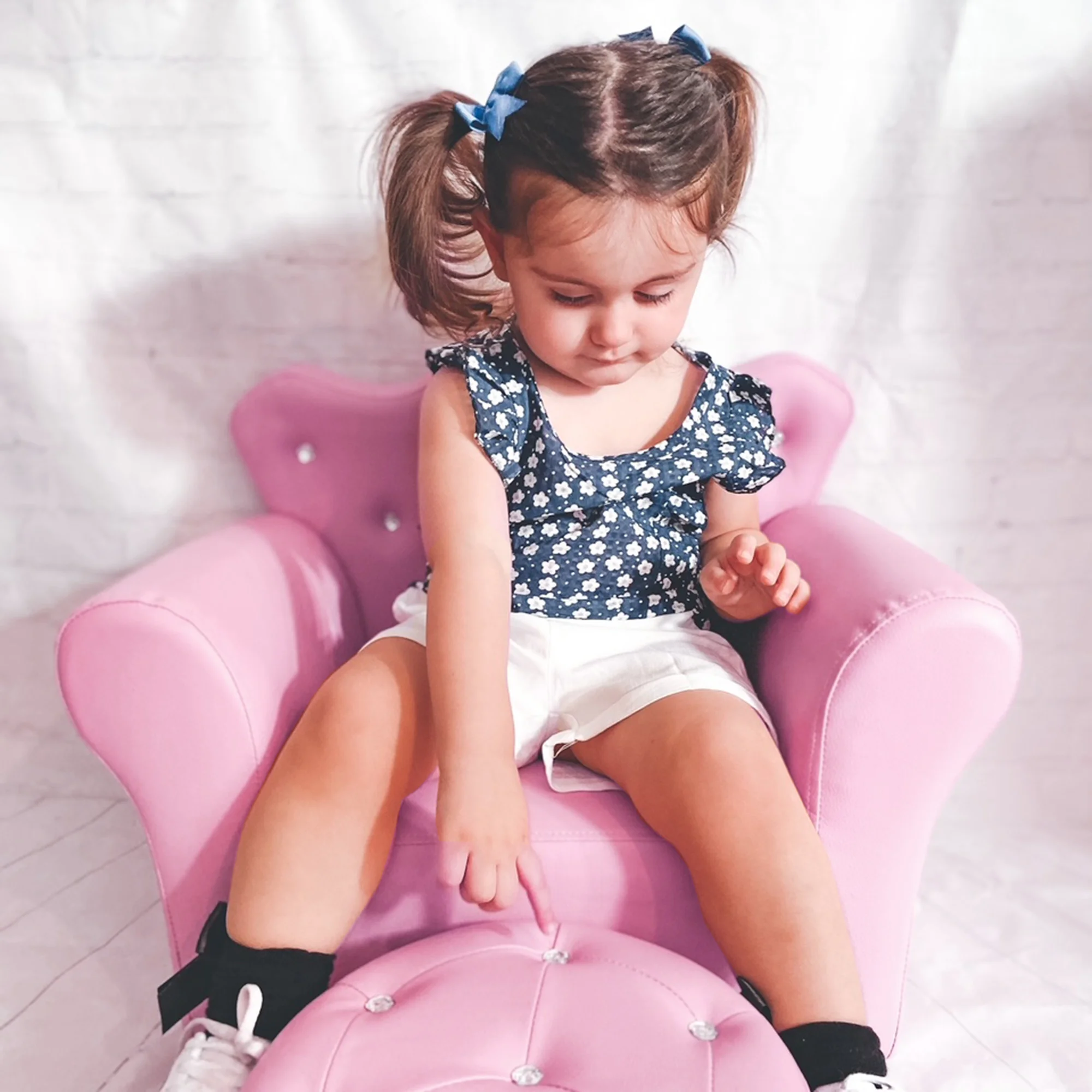 Kids Sofa Set with Footstool, Princess Sofa with Diamond Decoration, Pink