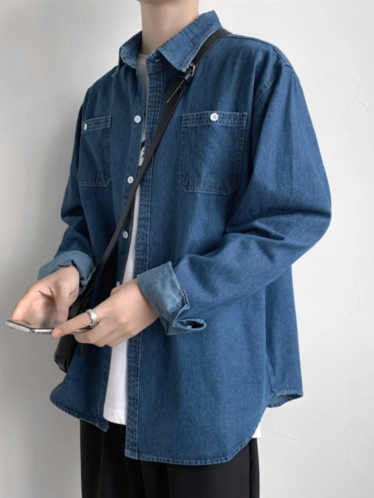 Camisa De Mezclilla Casual Para Hombre Manga Larga Delgada Estilo Coreano Primavera Otoño Abrigo De Moda Cuello Puntiagudo Co...